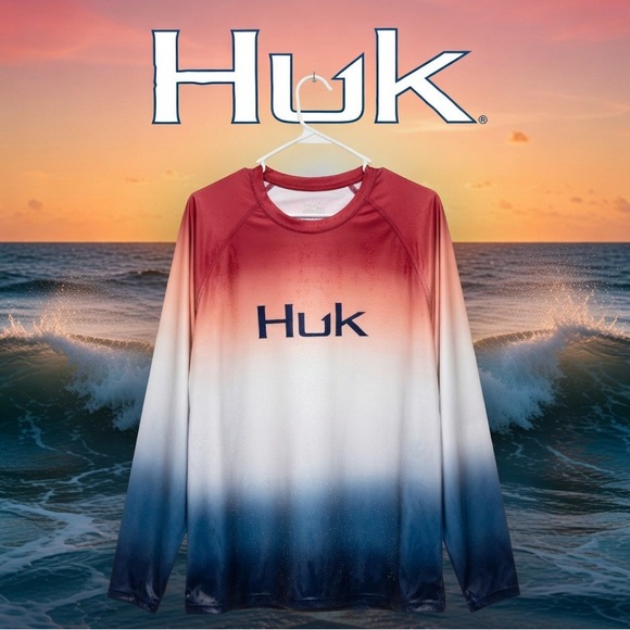 Huk Fishing Shirt XL Performance Fishing Striped LS Red White Blue Flare Fade